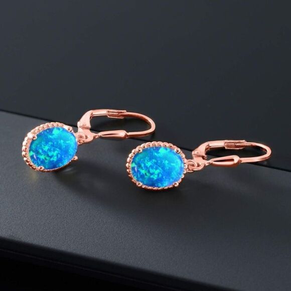 18K Rose Gold 925 with 1.12 Cttw Blue Opal Oval Leverback Hook Earrings - Picture 2 of 4